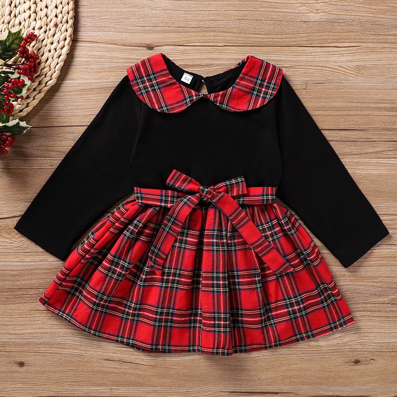 Baby / Toddler Christmas Bowknot Plaid Long-sleeve Dress Black