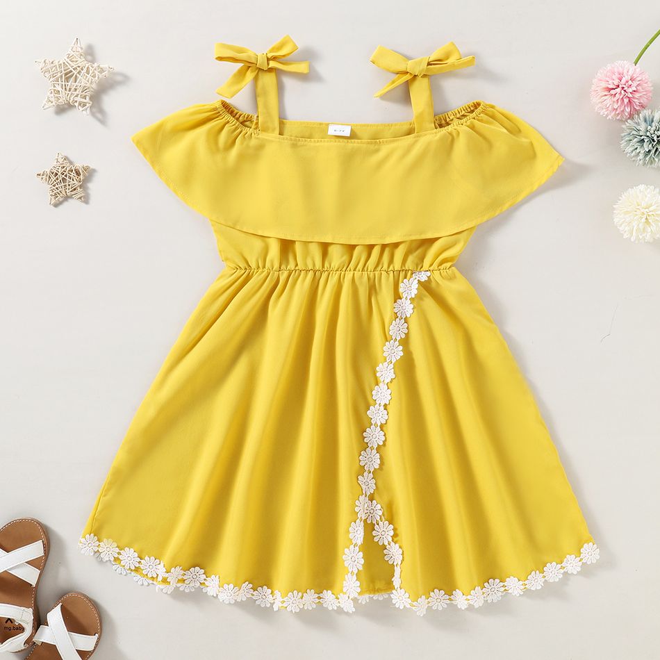 Beautiful Kid Girl Daisy Print Lace Bowknot Decor Slip Dress Yellow