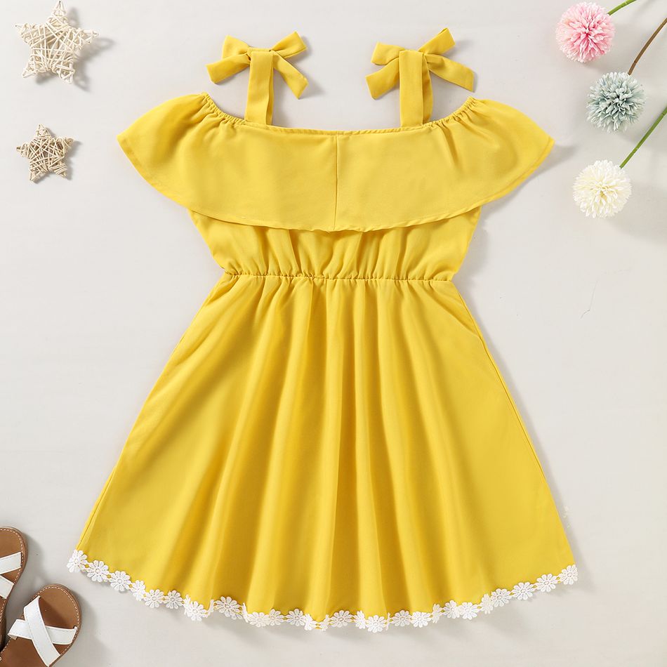 Beautiful Kid Girl Daisy Print Lace Bowknot Decor Slip Dress Yellow big image 5