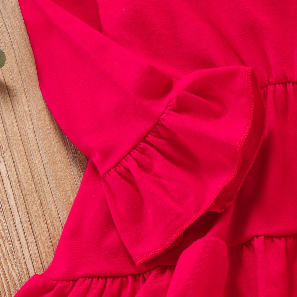 3-piece Toddler Girl Ruffle Hem Long Bell sleeves Red Top, Santa Christmas Tree Print Pants and Scarf Set Red big image 3