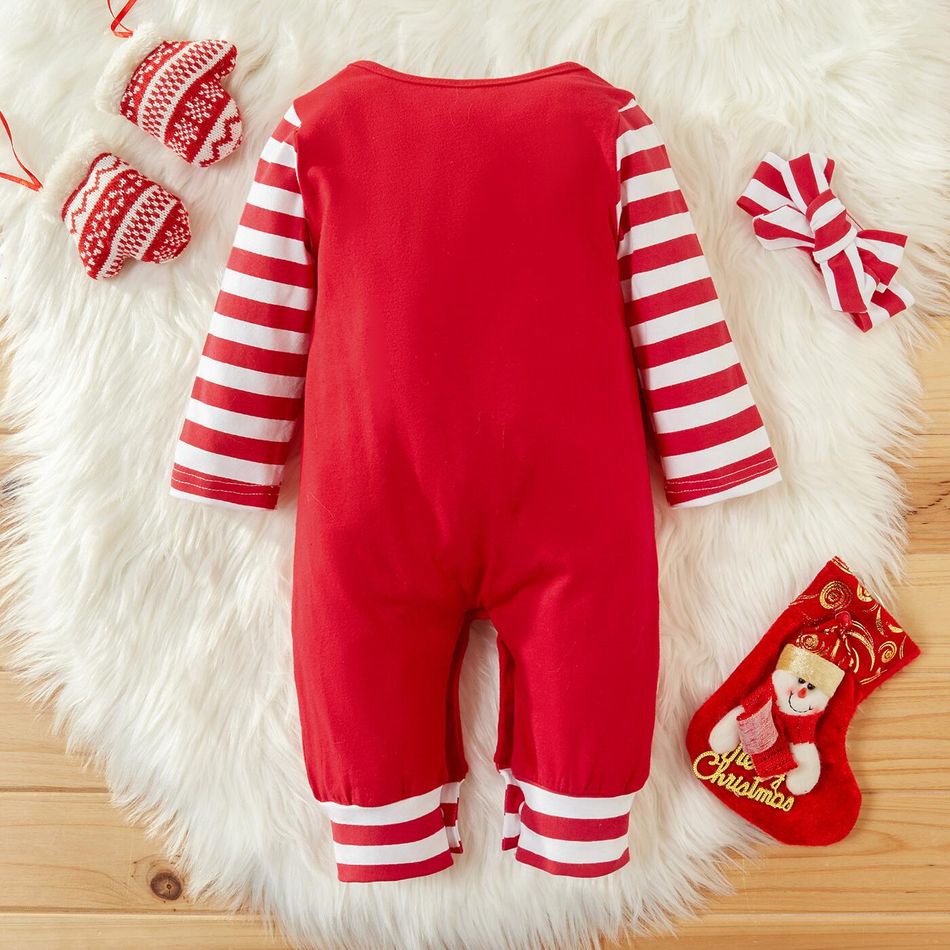 Baby 2pcs Christmas Letter Print and Striped Red Long-sleeve Jumpsuit Set Red big image 3