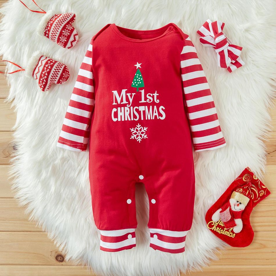 Baby 2pcs Christmas Letter Print and Striped Red Long-sleeve Jumpsuit Set Red big image 5