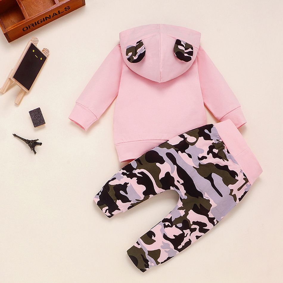 100% Cotton 2pcs Camouflage Print Hooded Long-sleeve Pink Baby Set Pink big image 2