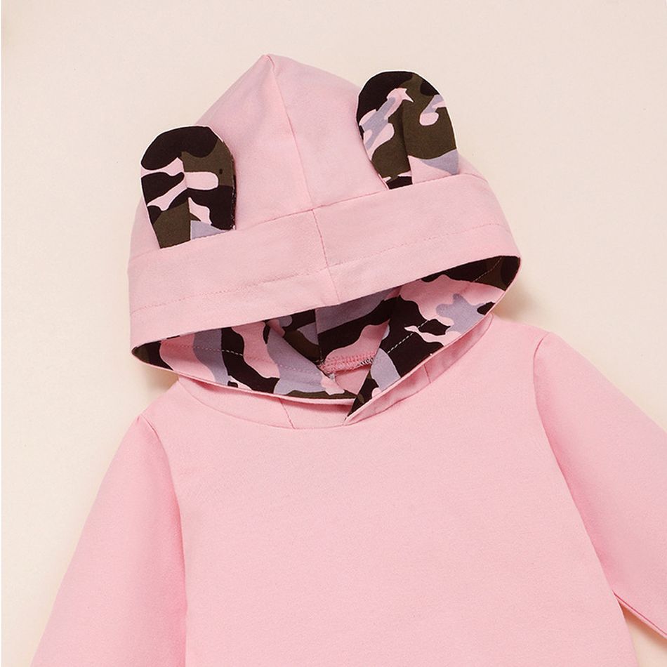 100% Cotton 2pcs Camouflage Print Hooded Long-sleeve Pink Baby Set Pink big image 3