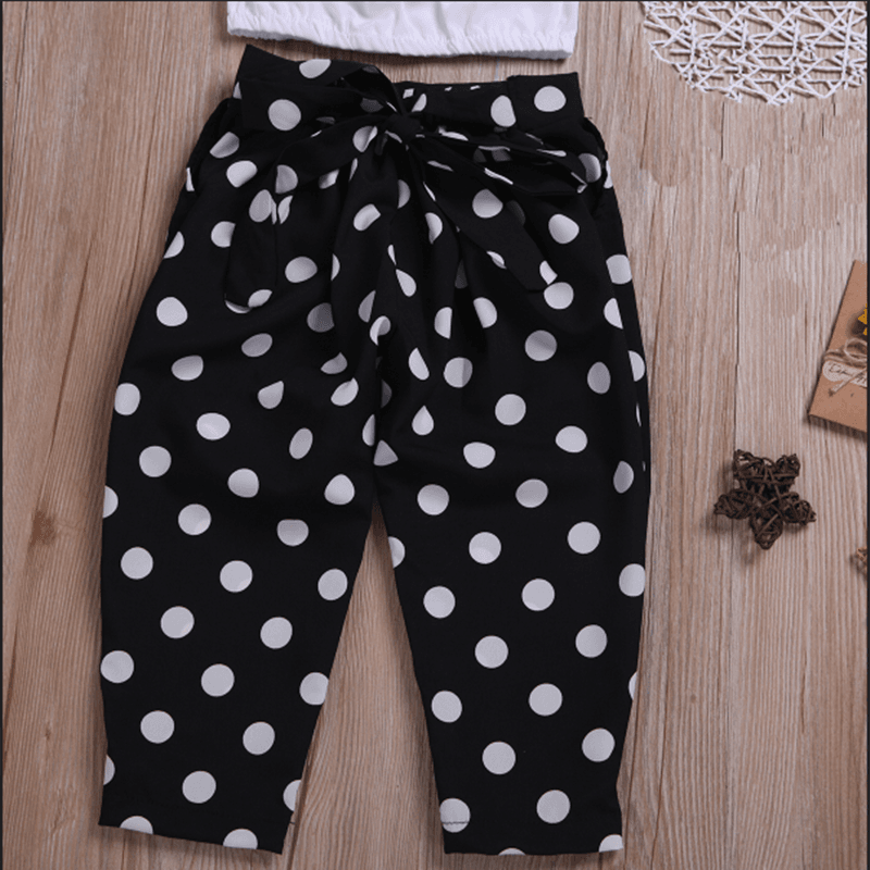 2-piece Fashionable Off Shoulder Pompon Flounced Top and Polka Dots Pants Set Black/White big image 6