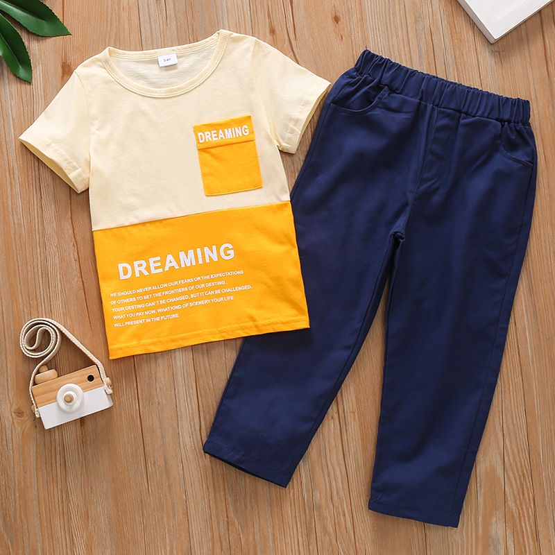 2-piece Toddler Boy 100% Cotton Letter Print Colorblock T-shirt and Solid Pants Set Color block