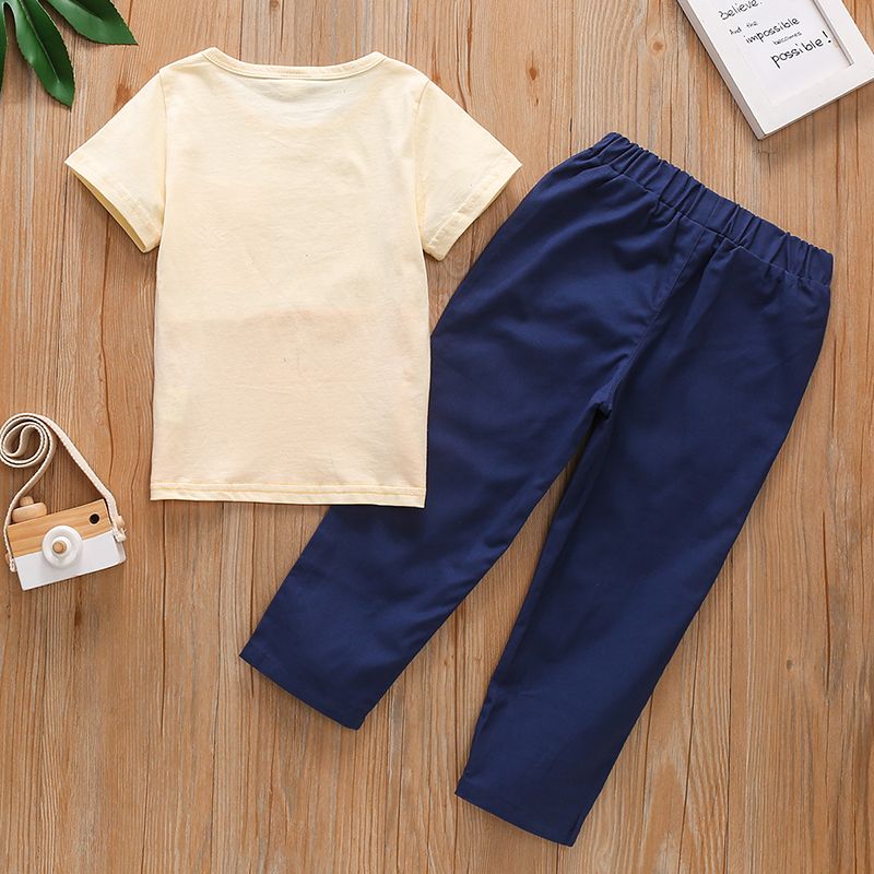 2-piece Toddler Boy 100% Cotton Letter Print Colorblock T-shirt and Solid Pants Set Color block big image 2