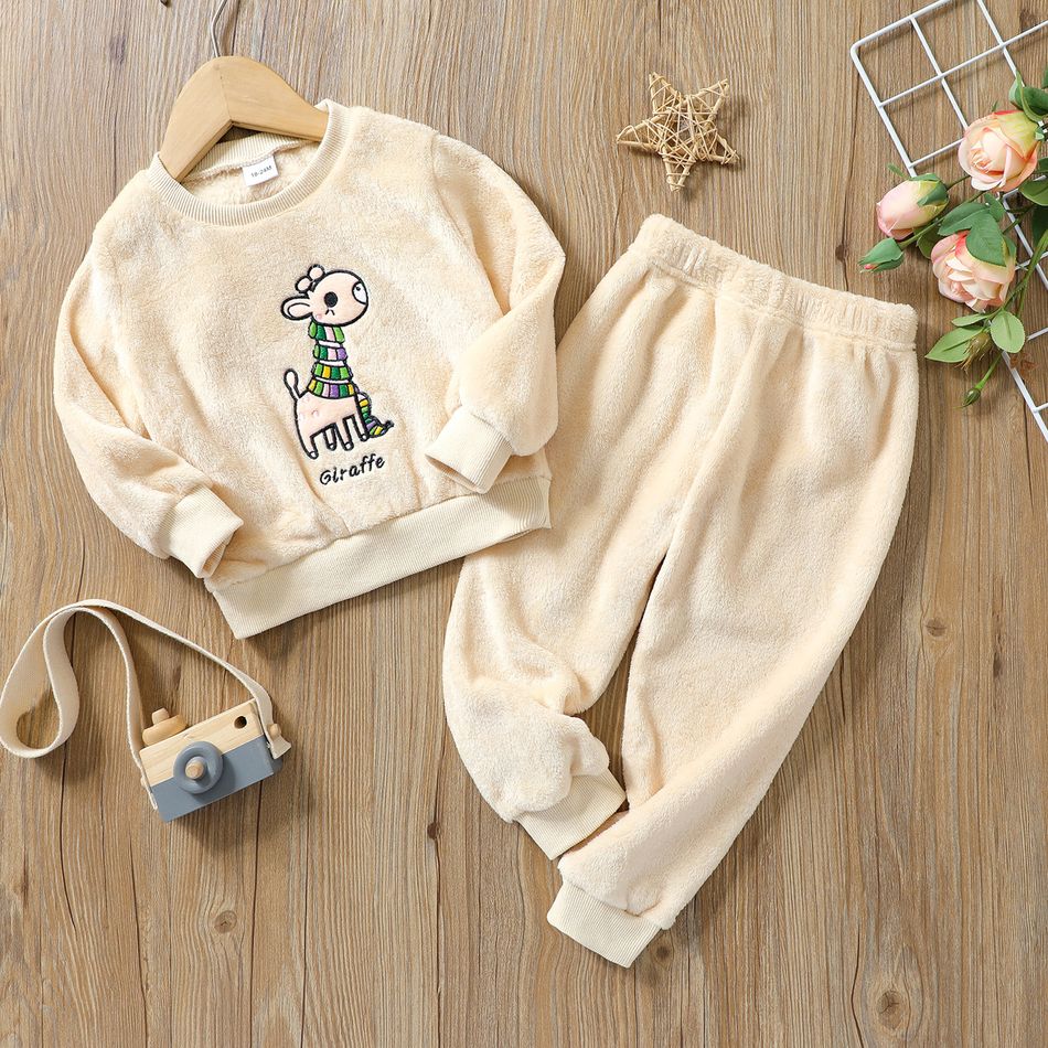 2-piece Toddler Girl Giraffe Embroidered Fuzzy Pullover and Solid Pants Set Apricot