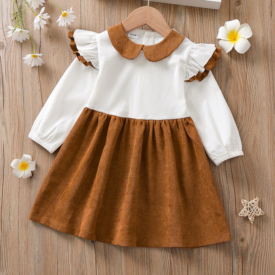 Toddler Girl 100% Cotton Back Button Design Ruffled Doll Collar Colorblock Long-sleeve Dress Color block