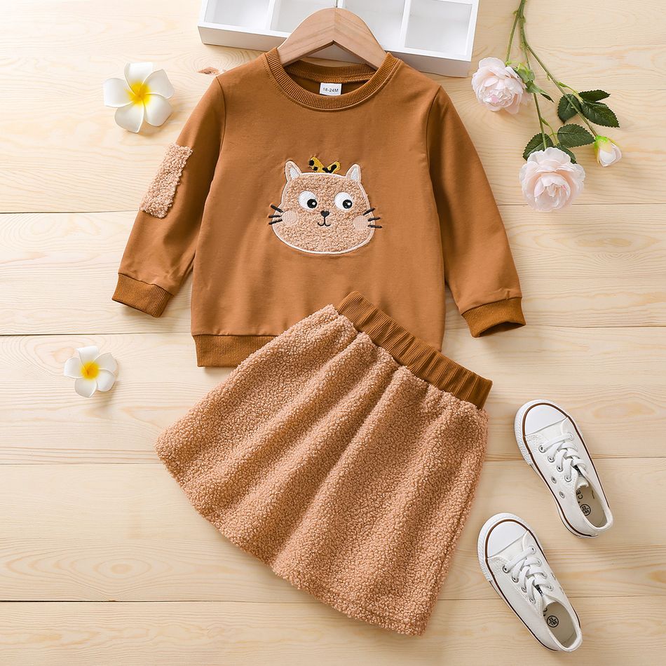 2-piece Toddler Girl Cat Pattern Pullover and Fuzzy Skirt Brown
