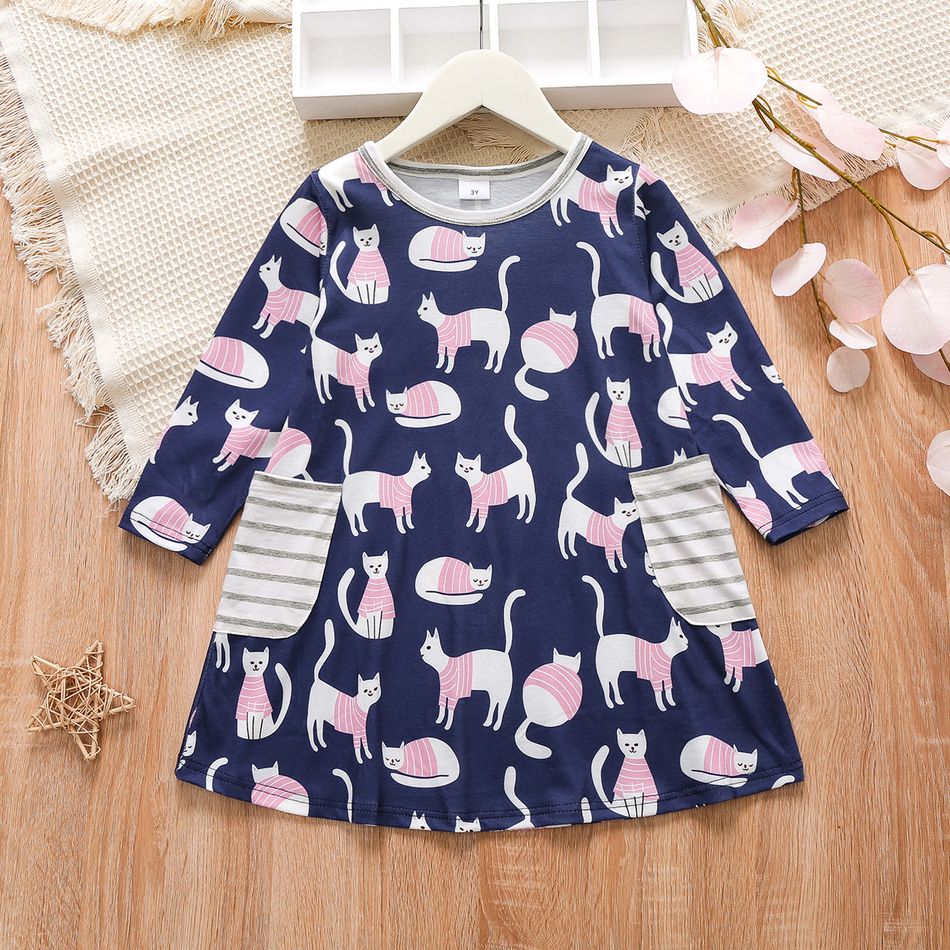 Toddler Girl 100% Cotton Cat Print Stripe Pocket Design Long-sleeve Dress Deep Blue