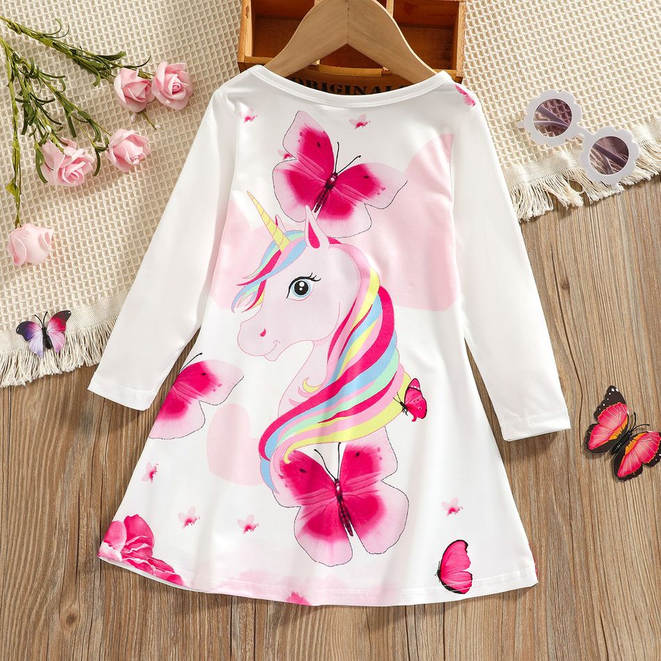 Toddler Girl Animal Unicorn Butterfly Print Long-sleeve Dress White big image 5