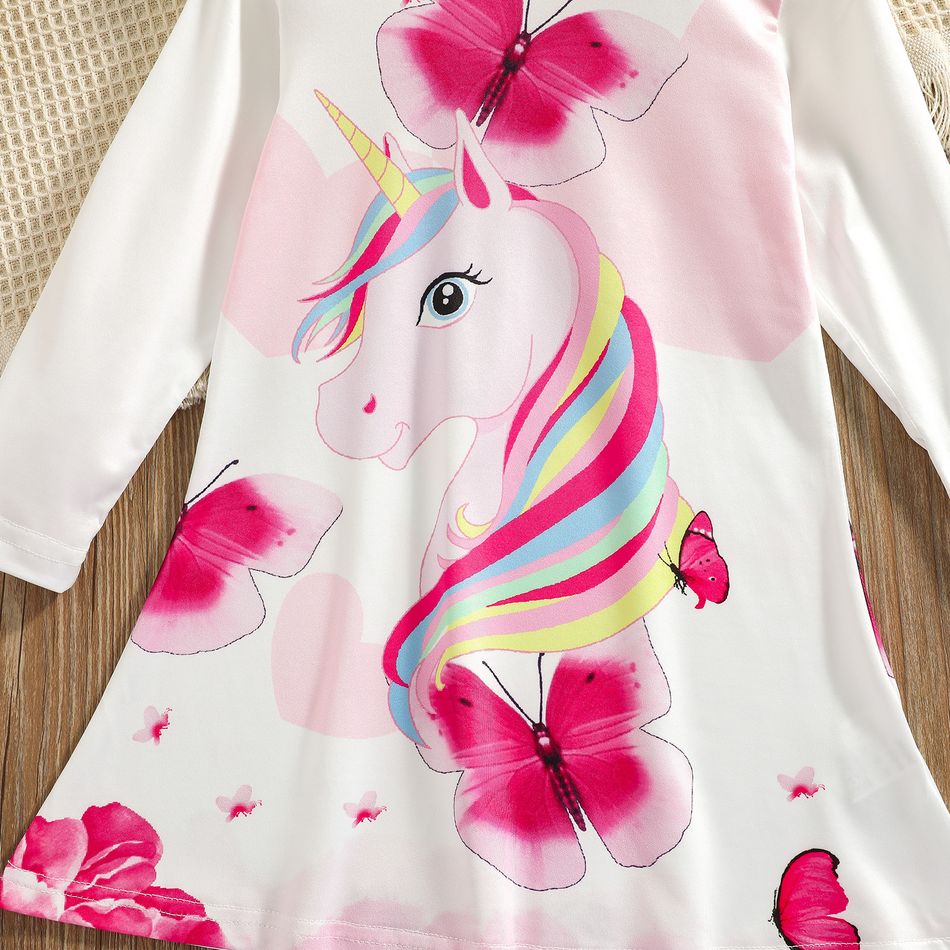 Toddler Girl Animal Unicorn Butterfly Print Long-sleeve Dress White big image 3