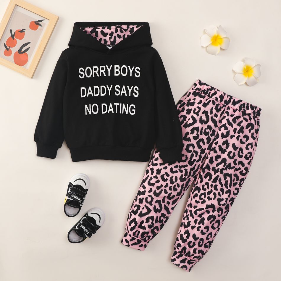 2-piece Toddler Girl 100% Cotton Letter Print Black Hoodie Sweatshirt and Leopard Print Pants Set Black
