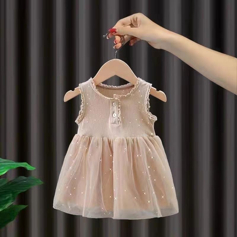 Toddler Girl Button Lace Mesh Design Sleeveless Beige Dress Beige big image 1