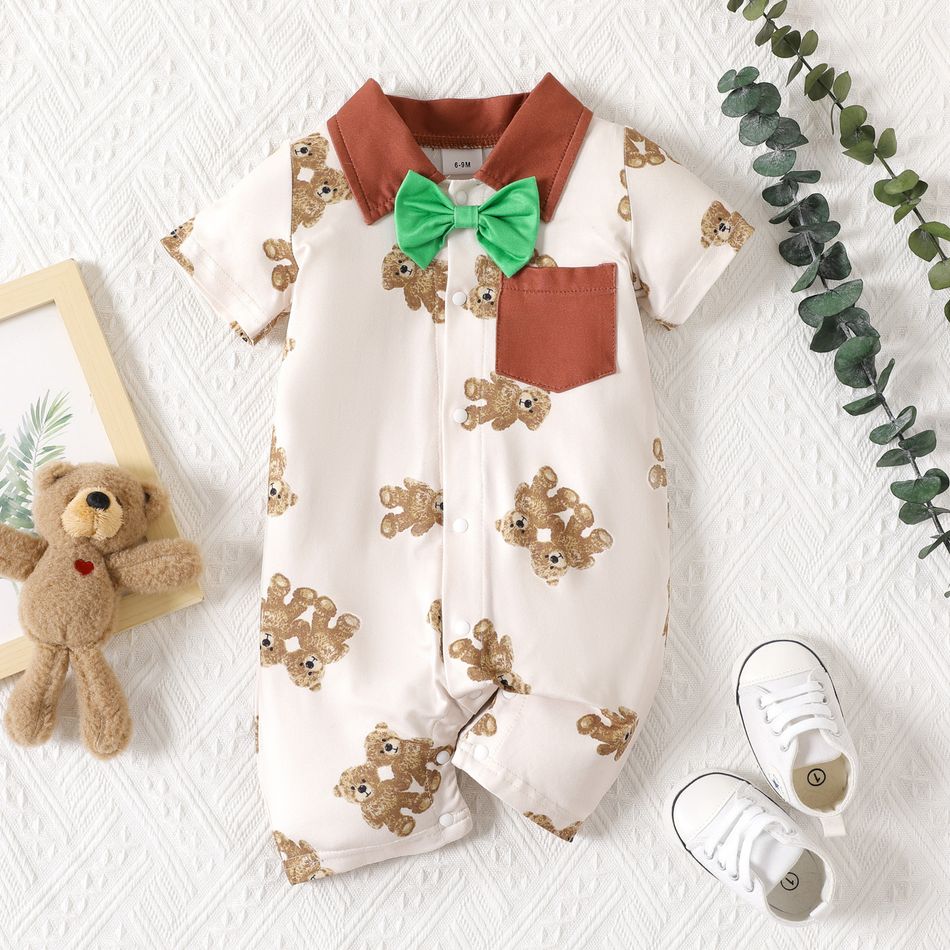 Dear Bear Baby Teddy Bear Allover Bow Tie Short-sleeve Beige Romper Beige