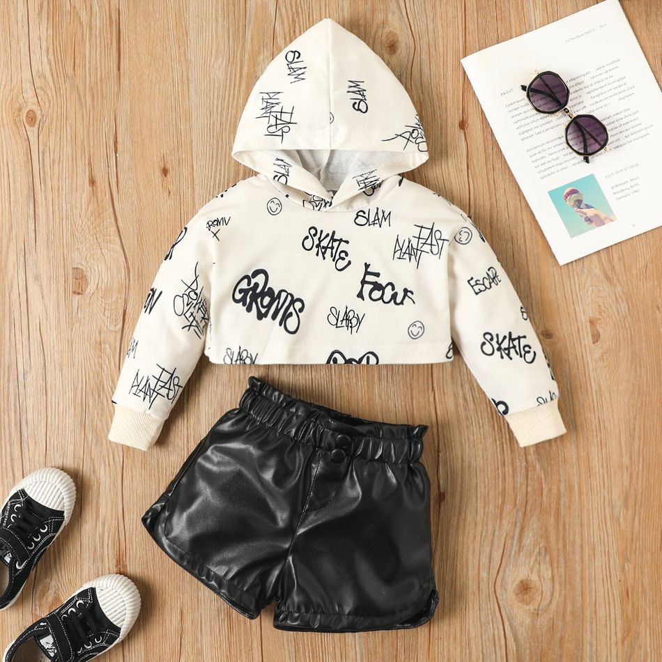 2pcs Toddler Girl Letter Print Hooded Sweatshirt and Faux Leather Black Shorts Set Black