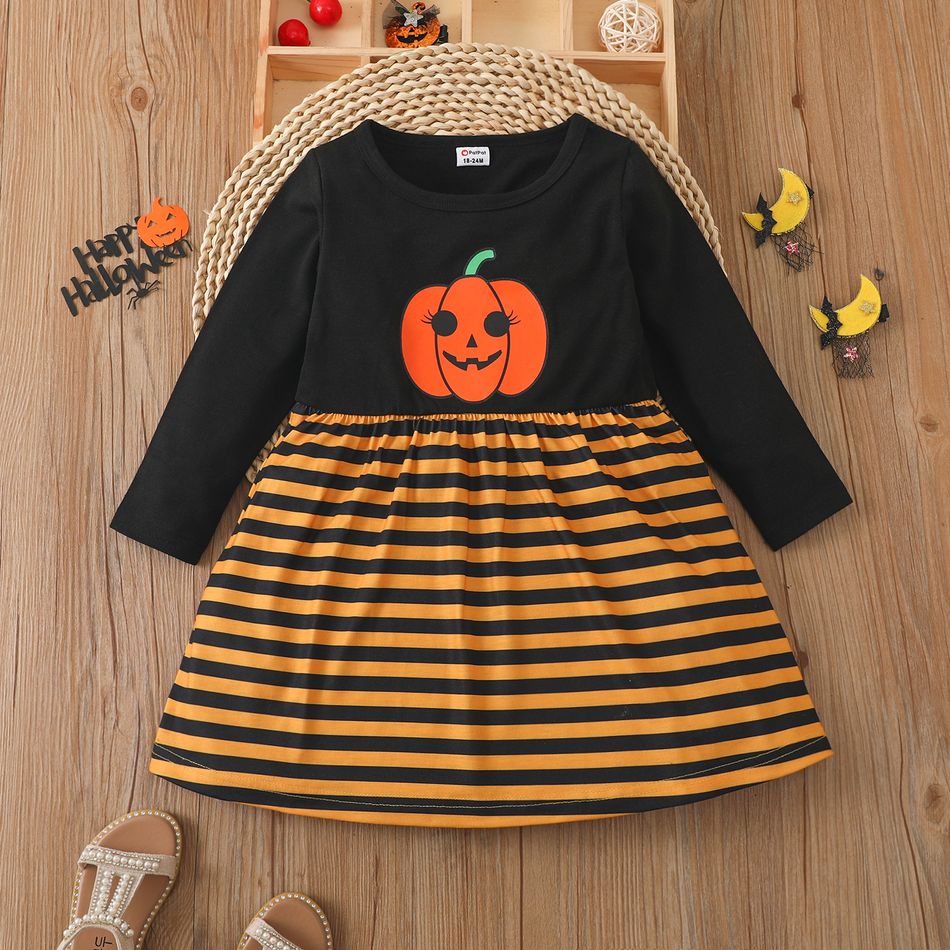 Toddler Girl Halloween Pumpkin Print Stripe Splice Long-sleeve Dress Color block