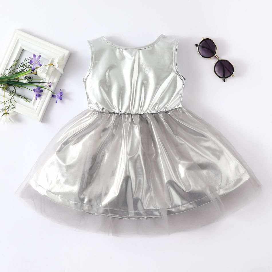 Toddler Girl Bowknot Mesh Design Laser Metallic Silver Sleeveless Party Dress SILVERGRAY big image 2