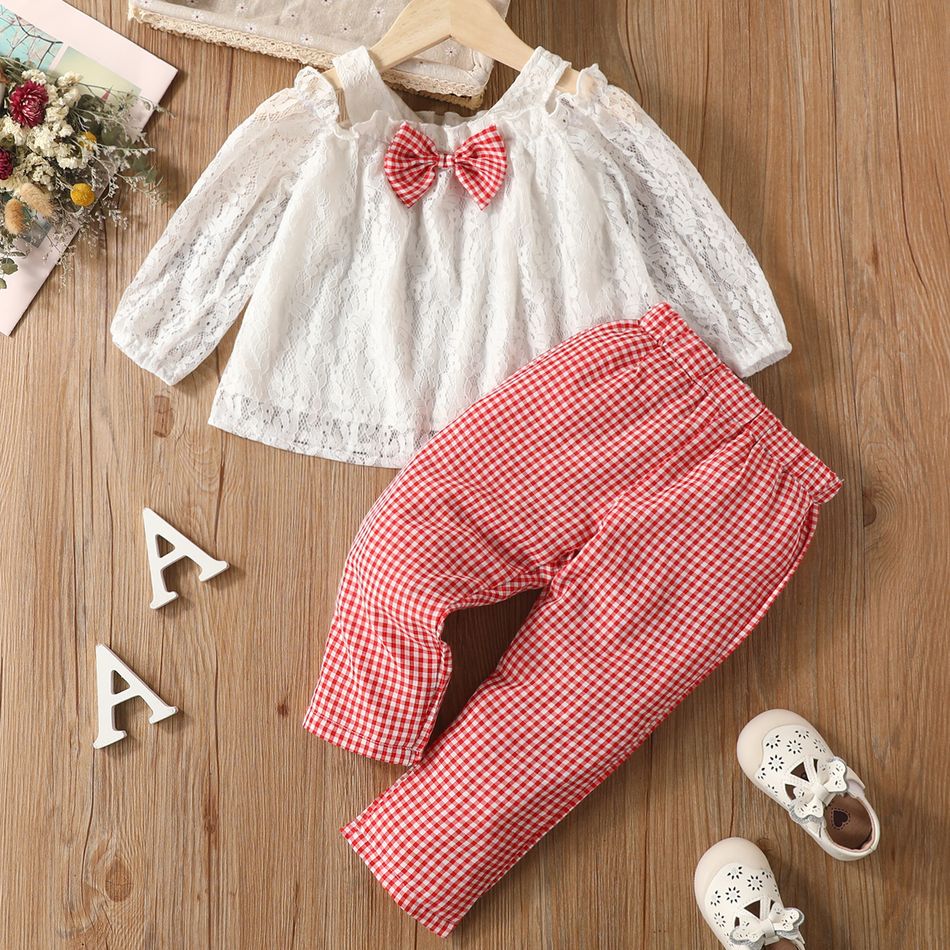 2pcs Toddler Girl Sweet Bowknot Design Cold Shoulder Lace Blouse and Red Plaid Pants Set Color block