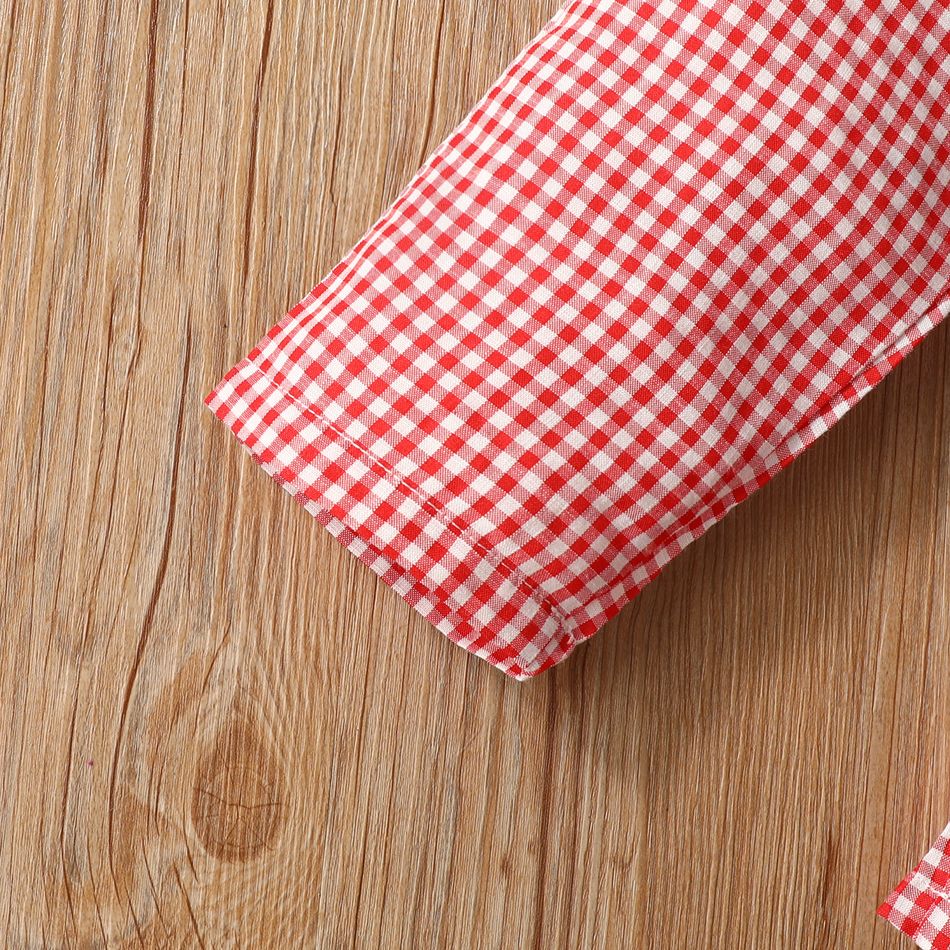 2PCS طفلة صغيرة bowknot تصميم الحلو بلوزة الدانتيل الكتف الباردة ومجموعة السراويل الحمراء منقوشة كتلة اللون big image 5
