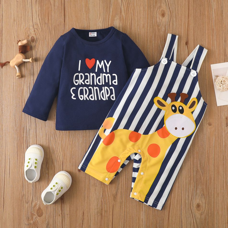2pcs Baby Boy/Girl 95% Cotton Long-sleeve Letter Print T-shirt and Cartoon Giraffe Print Striped Overalls Set Tibetanblue