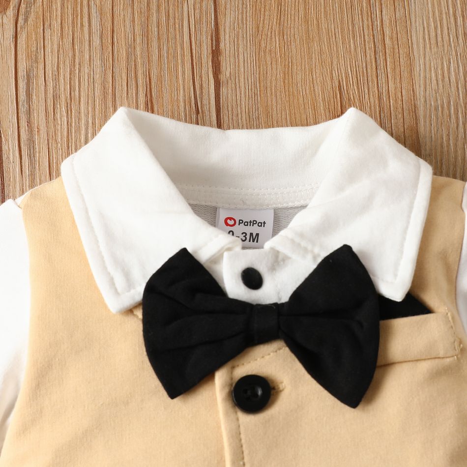 100% Cotton Baby Boy Gentleman Party Outfit Bow Tie Decor Button Front Long-sleeve Jumpsuit ColorBlock big image 3