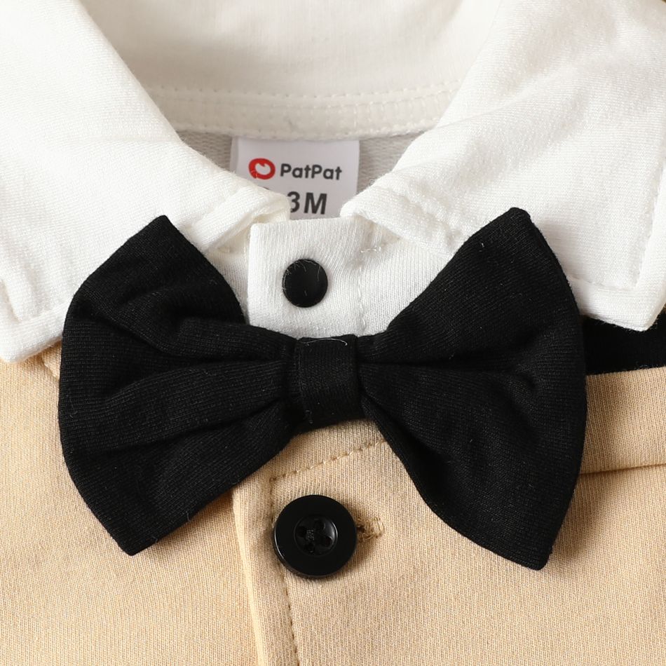 100% Cotton Baby Boy Gentleman Party Outfit Bow Tie Decor Button Front Long-sleeve Jumpsuit ColorBlock big image 4
