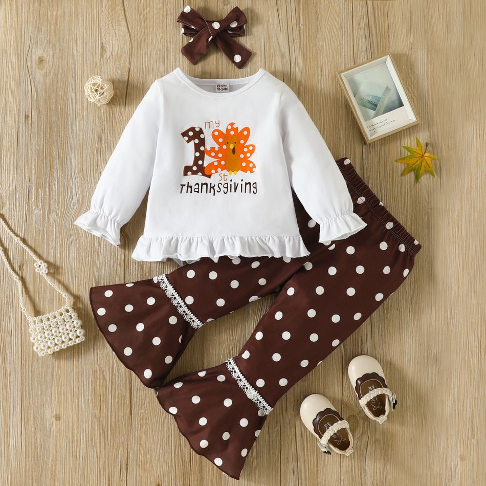 Thanksgiving Day 3pcs Baby Girl 95% Cotton Long-sleeve Turkey & Letter Print Top and Polka Dot Flared Pants with Headband Set White big image 1
