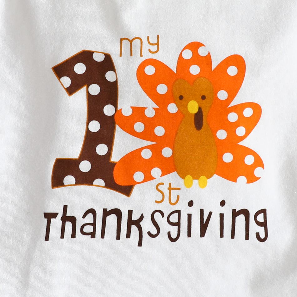 Thanksgiving Day 3pcs Baby Girl 95% Cotton Long-sleeve Turkey & Letter Print Top and Polka Dot Flared Pants with Headband Set White big image 3