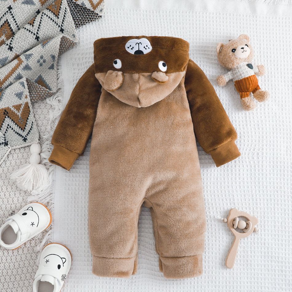Baby Boy Lion & Letter Embroidered 3D Ears Hooded Long-sleeve Thermal Fuzzy Jumpsuit Brown big image 2