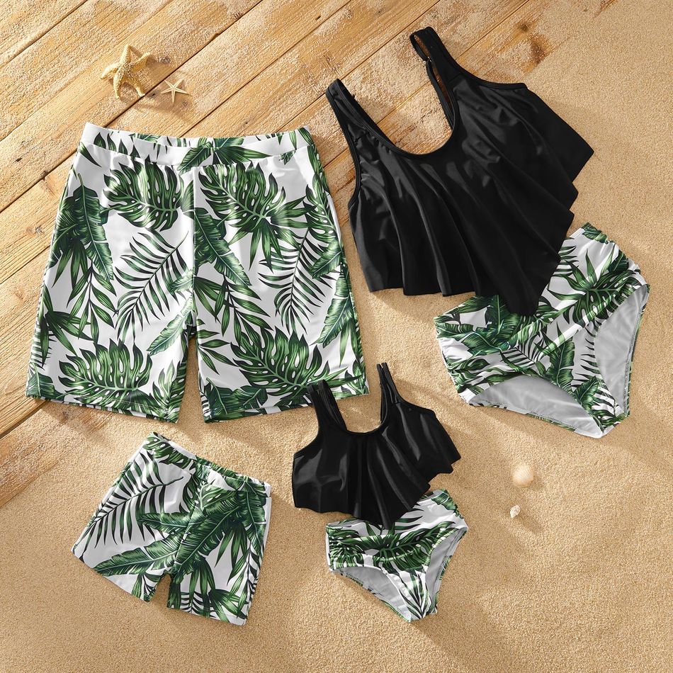 Tropical Plants Print Flounced Family Matching Swimsuits White