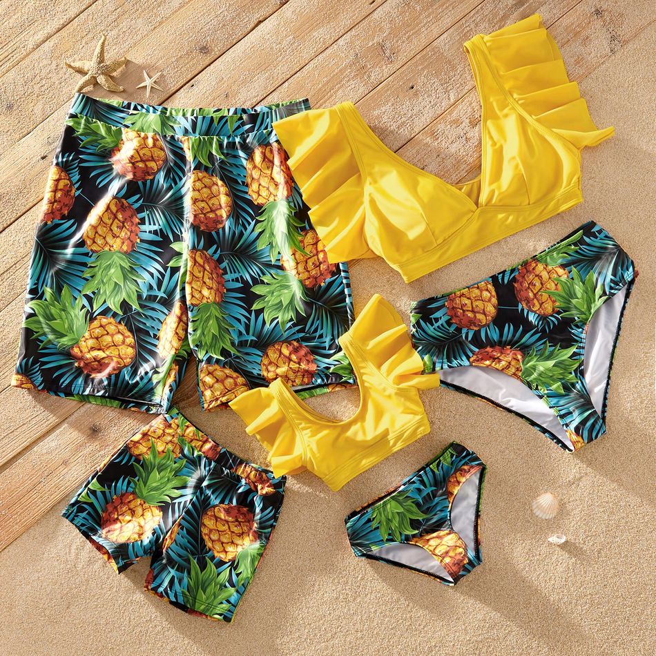 Ruffled Sleeve Pineapple Print Family Matching Swimsuits Yellow big image 1