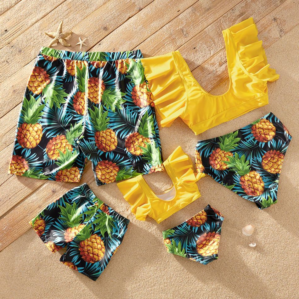 Ruffled Sleeve Pineapple Print Family Matching Swimsuits Yellow big image 2
