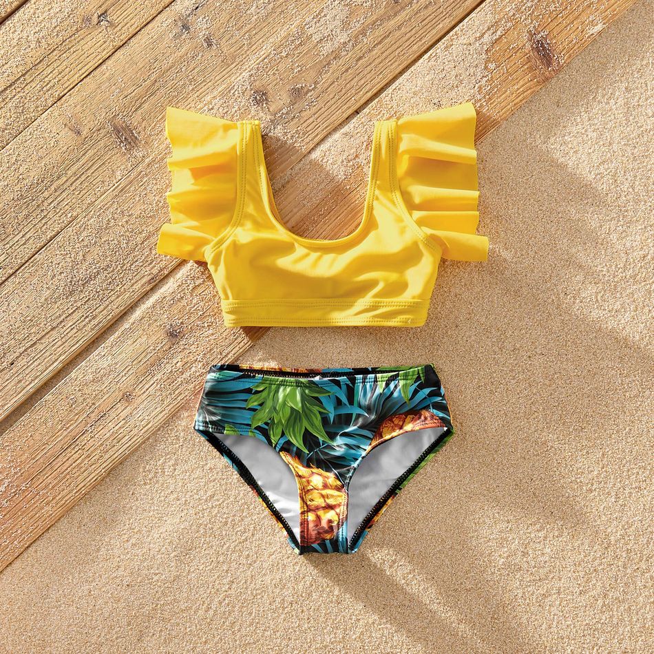 Ruffled Sleeve Pineapple Print Family Matching Swimsuits Yellow big image 10