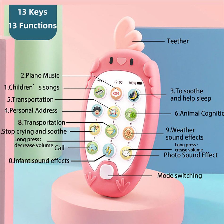 Cartoon Phone Kid Cellphone Telephone Educational Learning Toys Music Baby Infant Teether Phone Baby Gift Bilingual teaching Toy (Language: Chinese and English) Pink