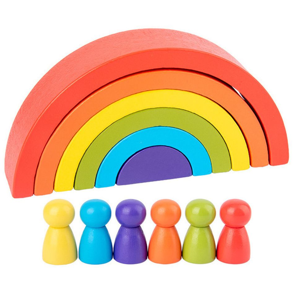 Baby Rainbow Waldorf Wooden Toy Montessori Rainbow Building Blocks Wood Jenga Game Kids Early Educational Toy Multi-color big image 1