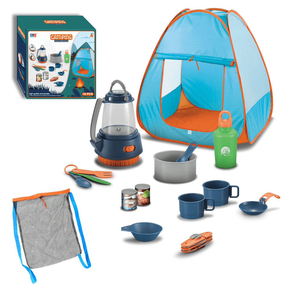 16pcs Kids Camping Tent Set Tableware Outdoor Play House Camping Kit Outdoor Campfire Toy Set Blue big image 2