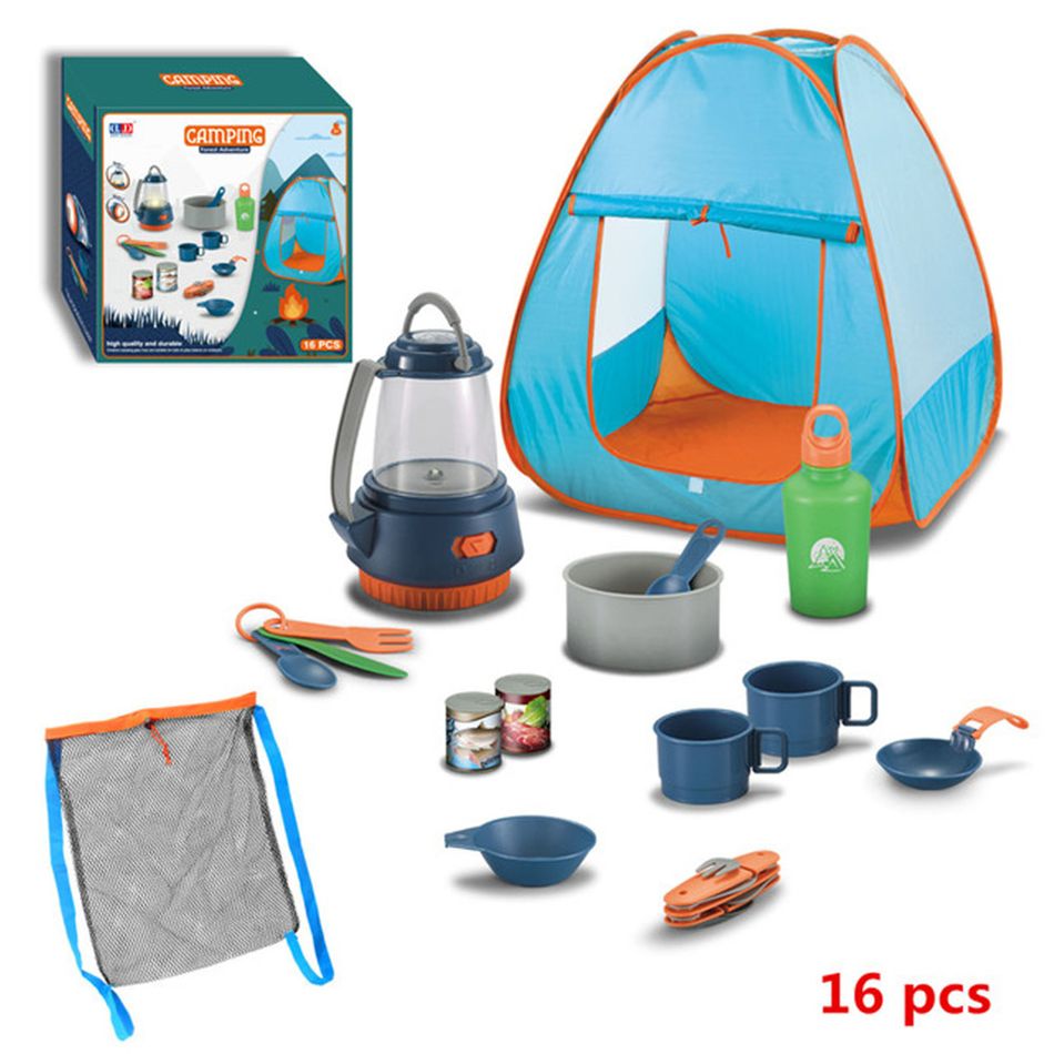 16pcs Kids Camping Tent Set Tableware Outdoor Play House Camping Kit Outdoor Campfire Toy Set Blue