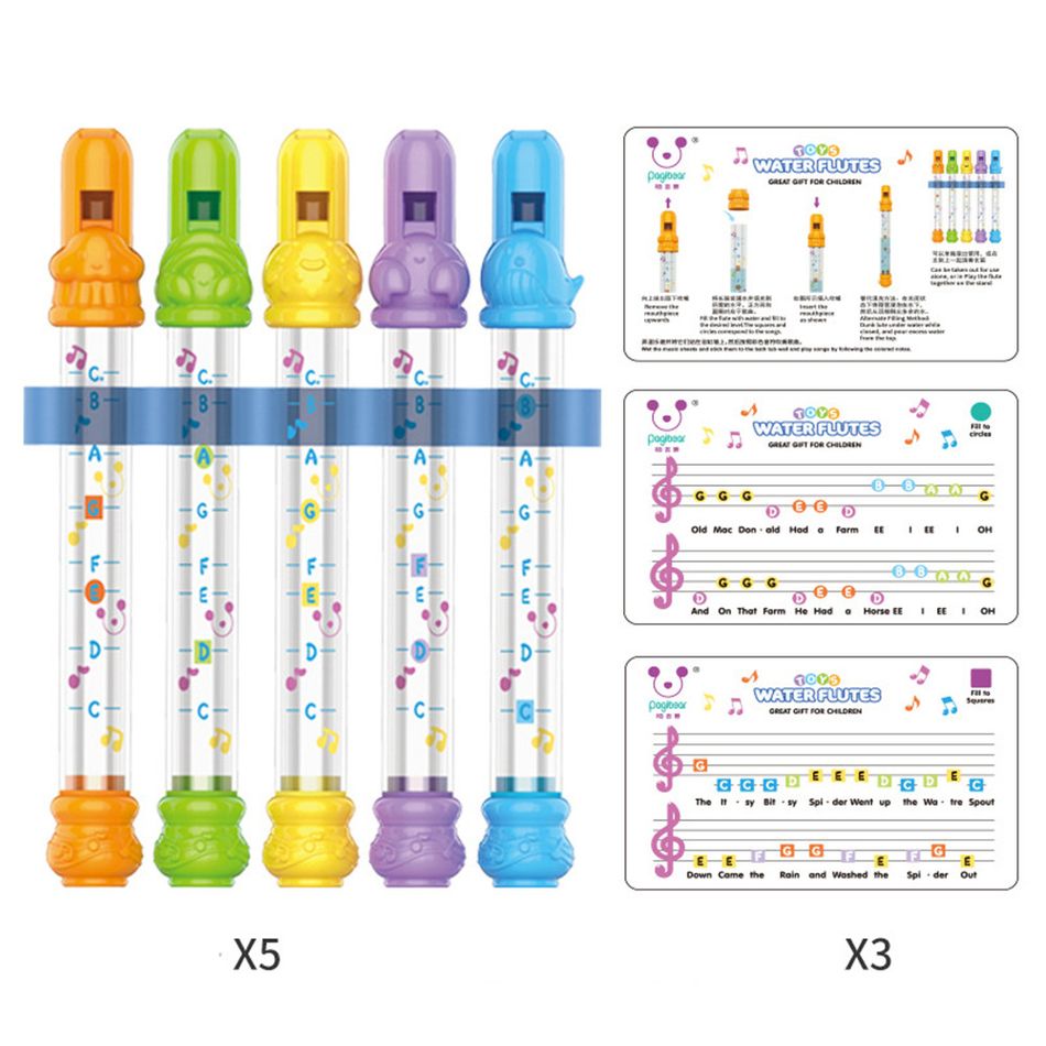 5 Water Flutes Music Song Sheets Instruments Kids Fun Children Bath Toy Multi-color