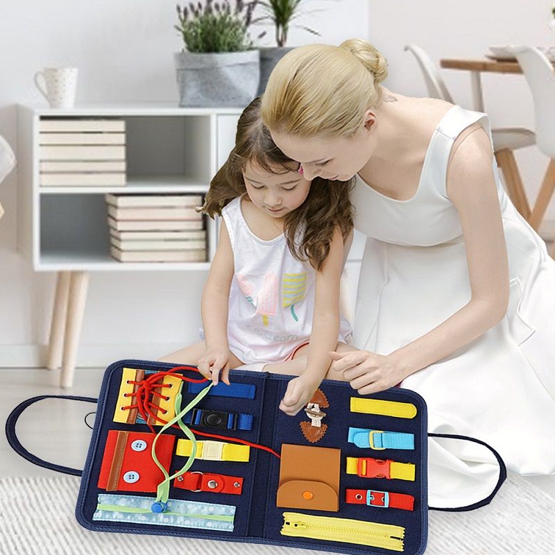 Busy Board Montessori Toys Early Learning Education Toddlers Sensory Toys for Basic Dressing Skills Learning Dark Blue big image 6