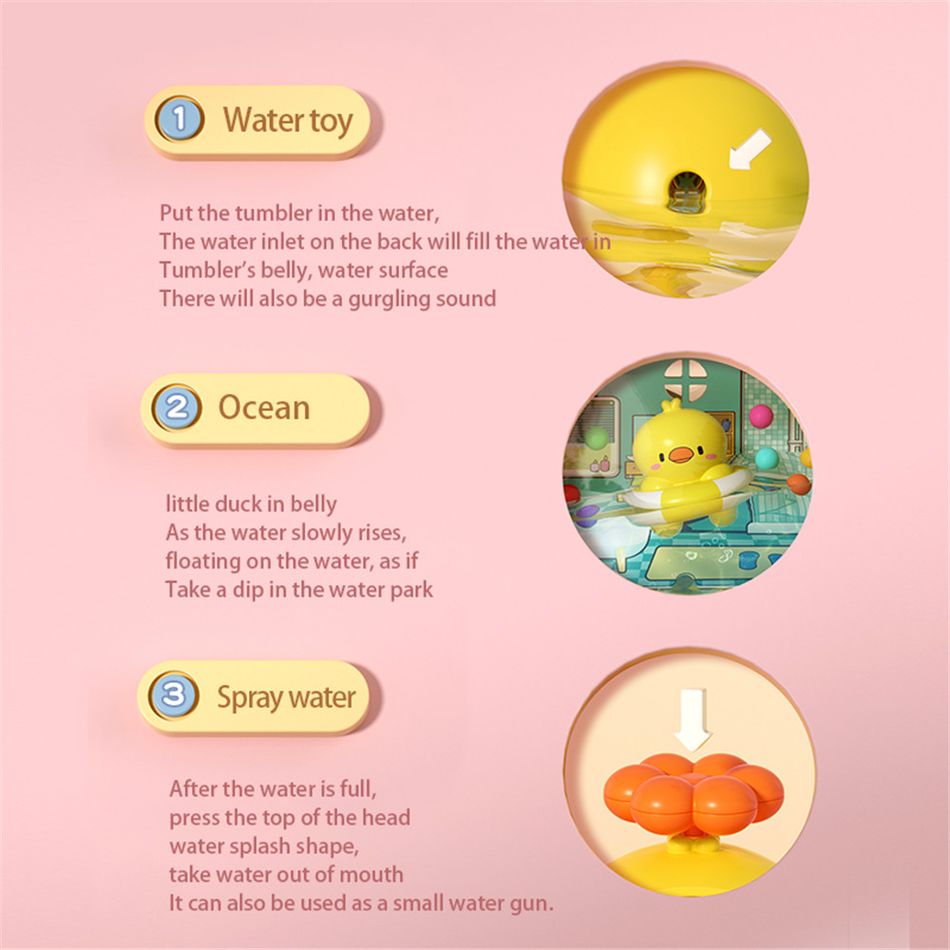 Baby Bath Toys Land and Water 2 in 1 Tumbler Water Gun Little Yellow Duck Amphibious Bathtub Shower Pool Toys Pink big image 2