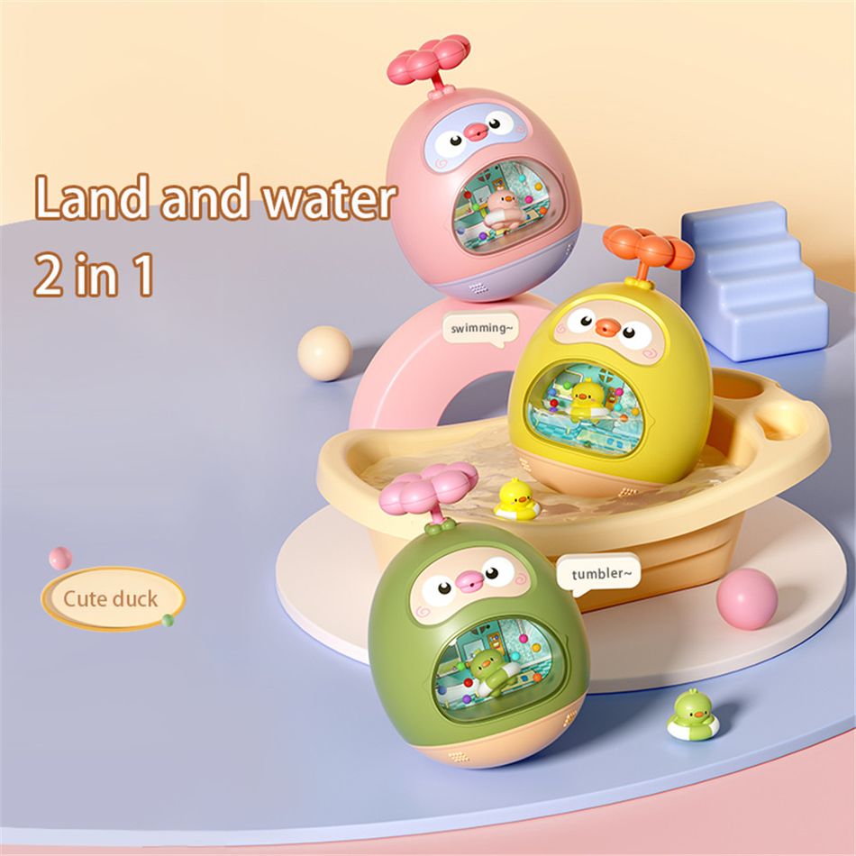 Baby Bath Toys Land and Water 2 in 1 Tumbler Water Gun Little Yellow Duck Amphibious Bathtub Shower Pool Toys Pink big image 3