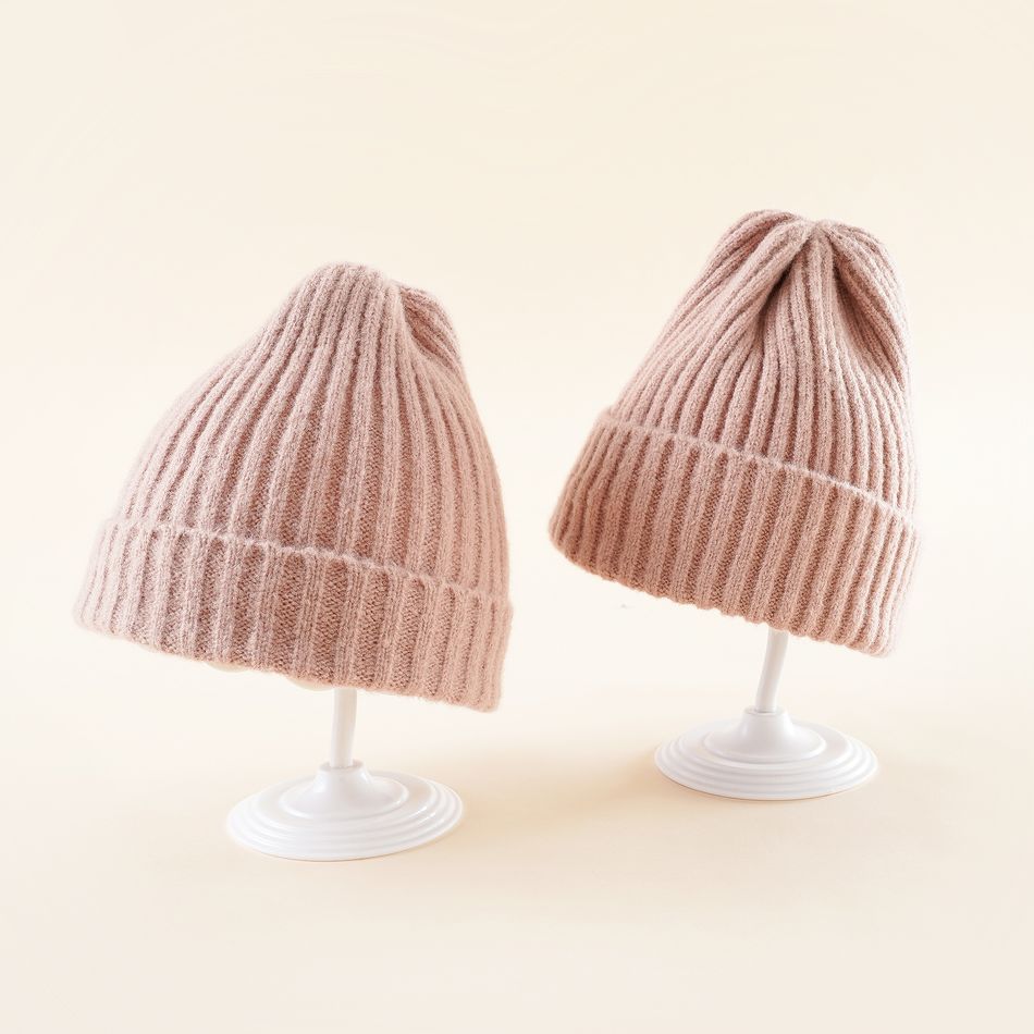 Solid Color Ribbed Knit Beanie Hats for Mom and Me Pink