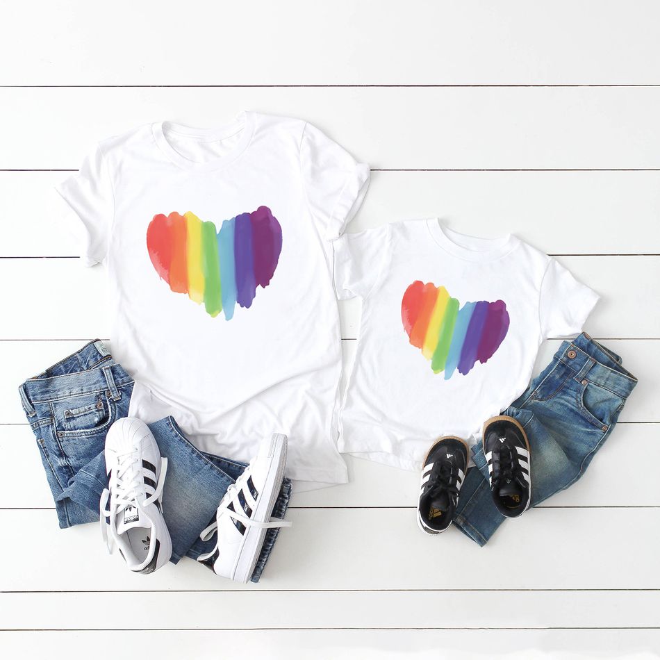 Rainbow Color Love Pattern Cotton Tops for Mom and Me White