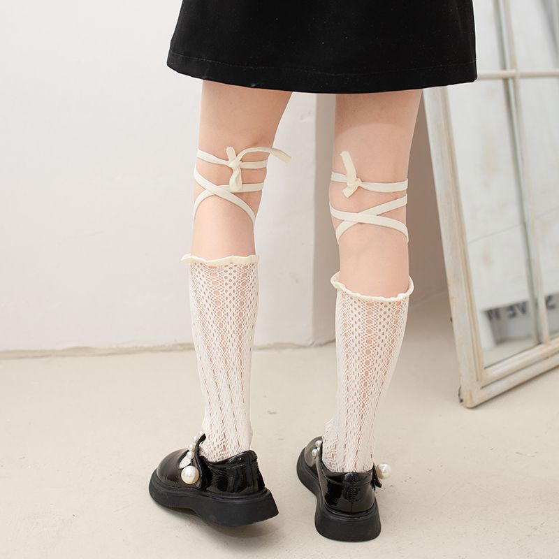 Kid Lace Up Decor Over The Calf Mesh Socks for Girls Beige big image 4