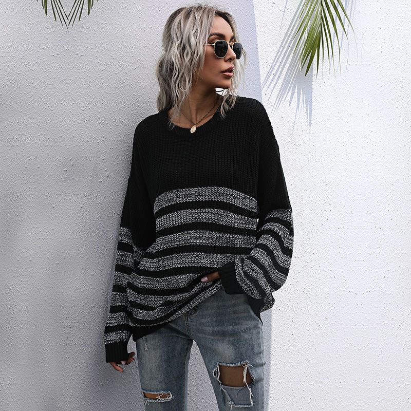 Black Striped Round Neck Long-sleeve Sweaters Black
