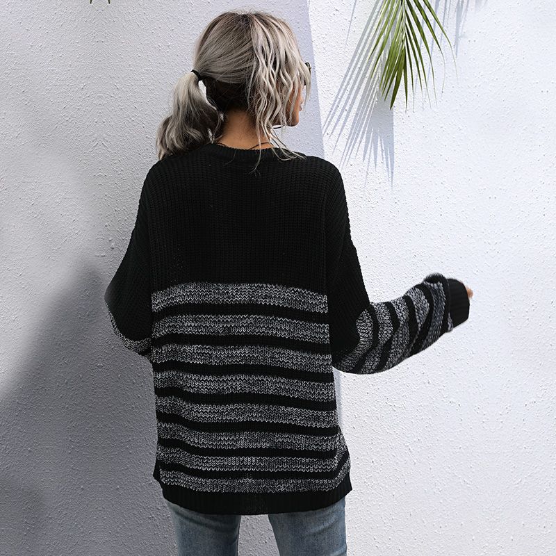 Black Striped Round Neck Long-sleeve Sweaters Black big image 5