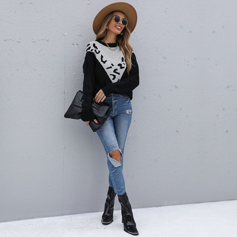 blusa de malha de manga comprida com painel leopardo Preto big image 3