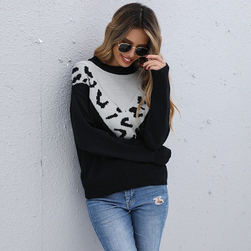 blusa de malha de manga comprida com painel leopardo Preto big image 6